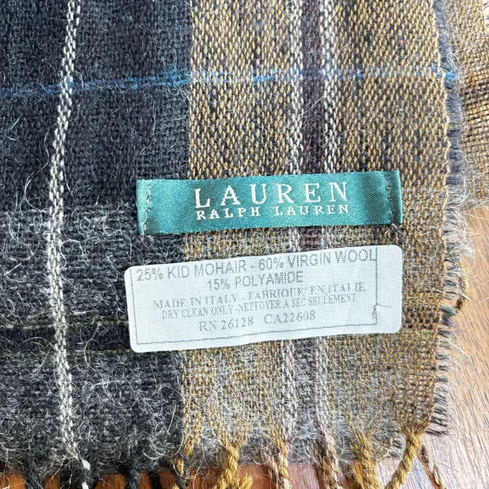 Lauren Ralph Lauren unisex scarf Mohair wool blend woven black brown plaid